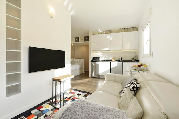 Living room of a studio apartment with white leather sofa open kitchen and bedroom