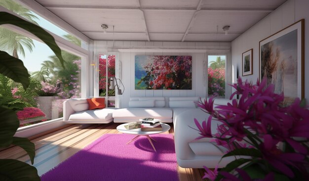 Living room in a tropical resort with white furniture Vacation and travel concept generative ai