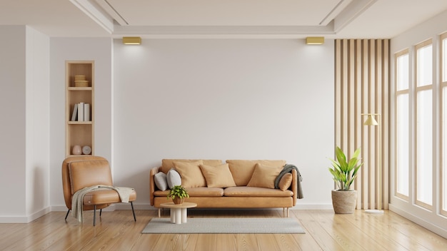 Living room wall mockup in bright tones with leather sofa and leather armchair