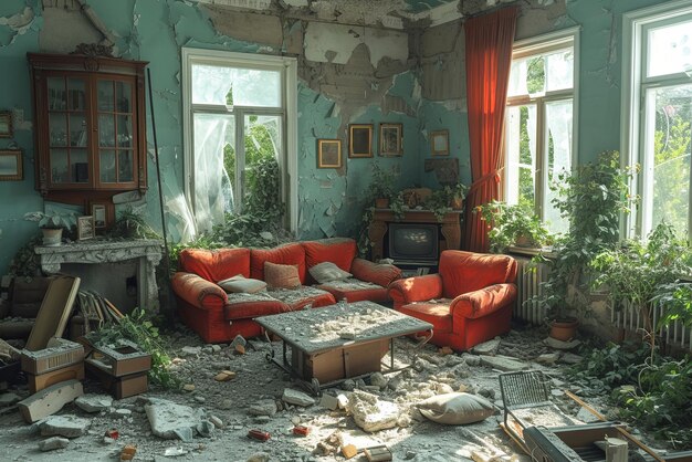 Фото Жилая комната с диваном, столом и телевизором в состоянии беспорядка с мусором и обломками, разбросанными после землетрясения.