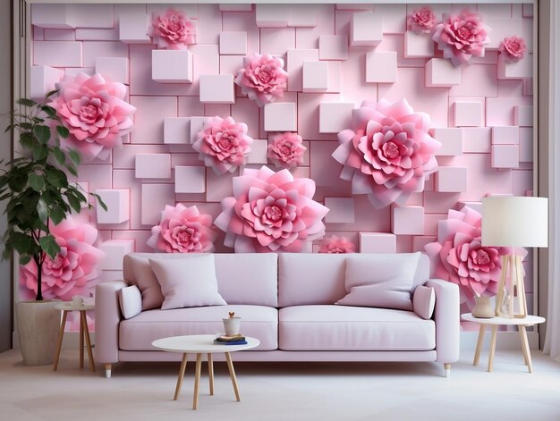 Foto salotto con quadrati geometrici astratti e murales di fiori rosa
