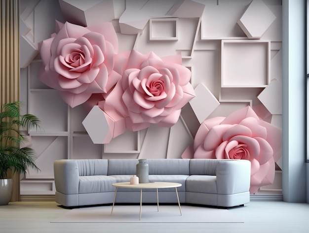 Living Room with Abstract Geometric Squares and Pink Flower Mural wall art