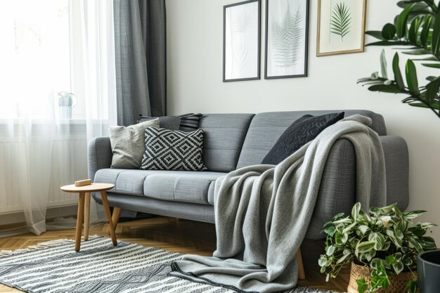 アントラサイトの灰色のソファと木製の家具を備えたリビングルーム ジェネレーティブAI