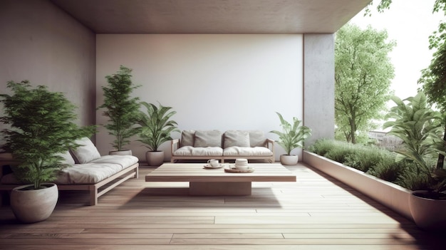 A living room with a balcony and plants on the wall