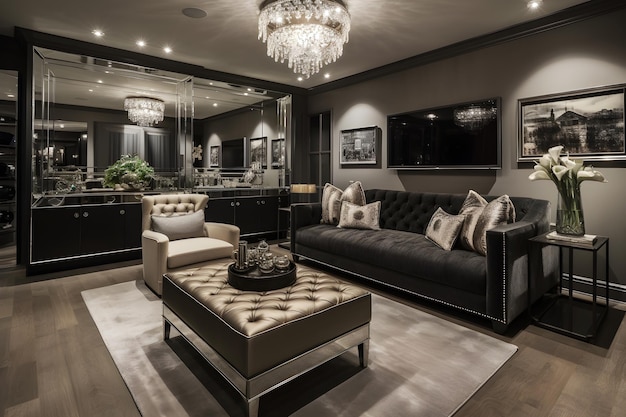 A living room with a bar and a chandelier.