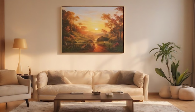Living room with beautiful wall painting art wallpaper