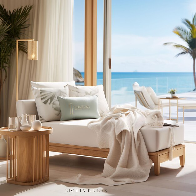 a living room with a bed and a palm tree on the floor