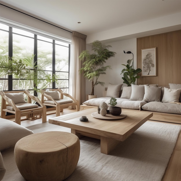 A living room with beige furniture and white walls