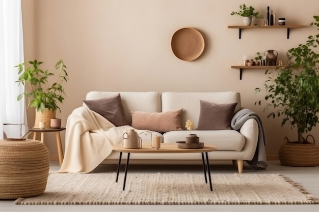 A living room with a beige sofa and a beige rug with a plant on the wall.