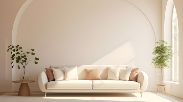ミニマリストの背景のスタイルで大きなアーチと白いソファを備えたリビング