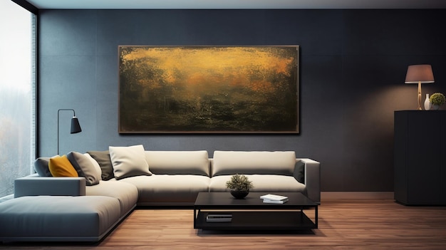 Living room with big art wall and sofa AI generated