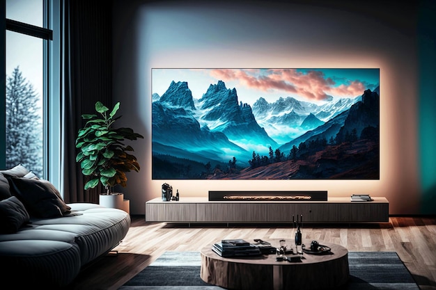 Living room with big tv screen Generative ai