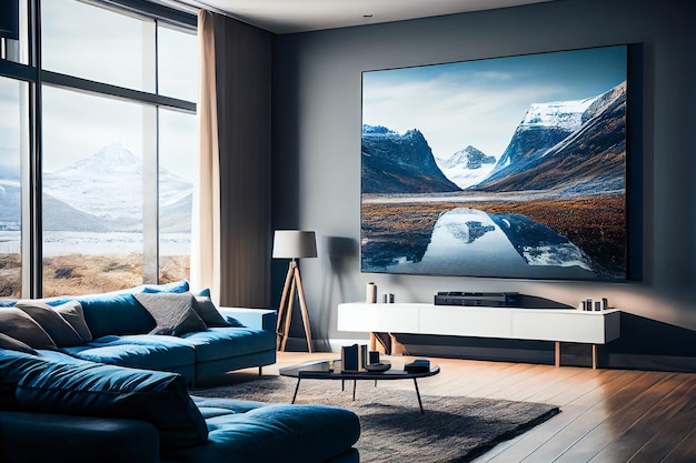 Living room with Big TV on the wall in the room in a modern style Elegant lixury living room with big tv screen Generative AIxA