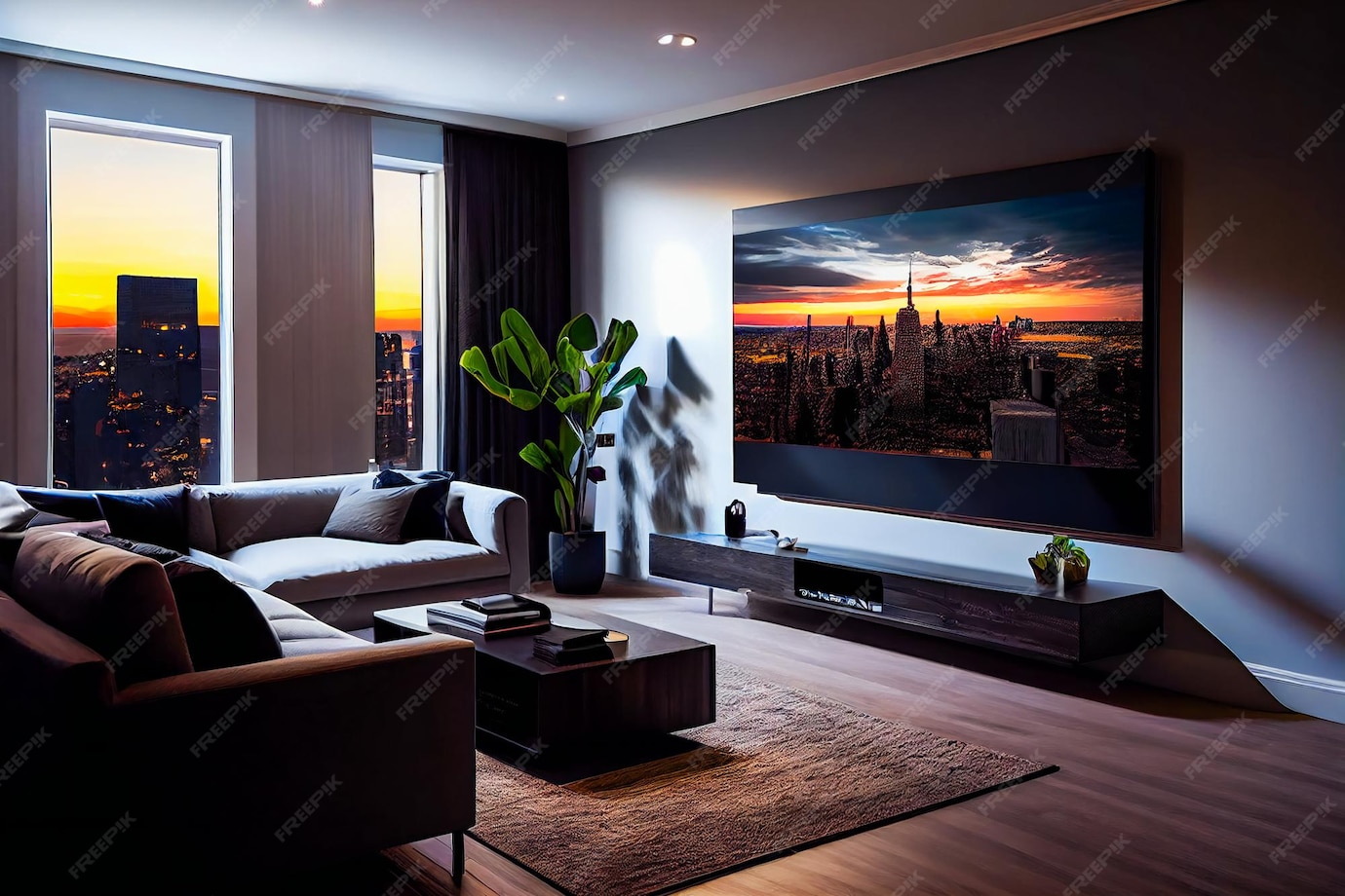 Premium Photo | Living room with big tv on the wall in the room in a