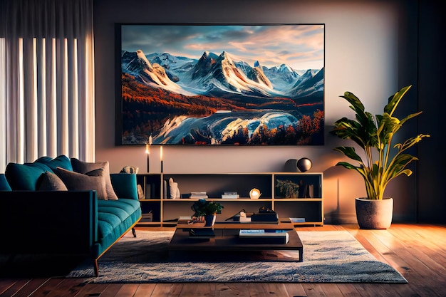 Living room with Big TV on the wall in the room in a modern style Elegant lixury living room with big tv screen Generative AIxA