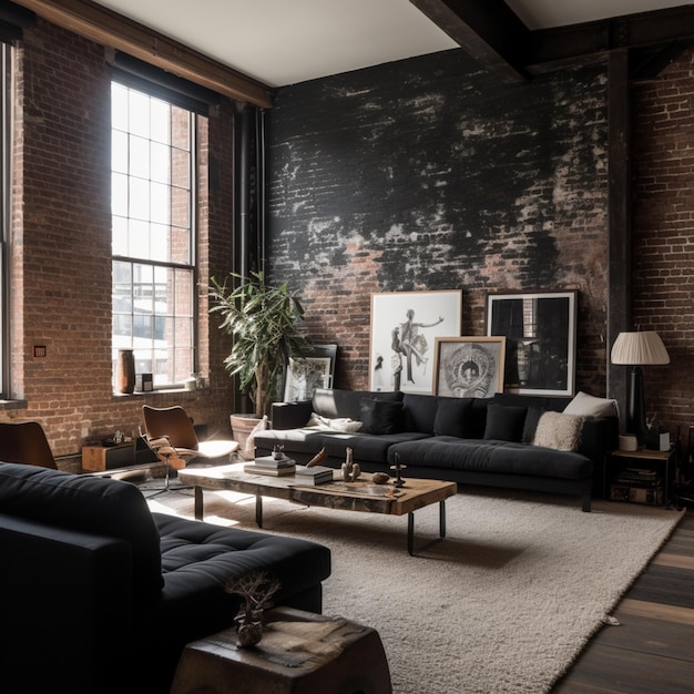 A living room with a black couch and a coffee table with a lamp on it.