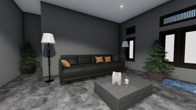 A living room with a black couch and a coffee table.