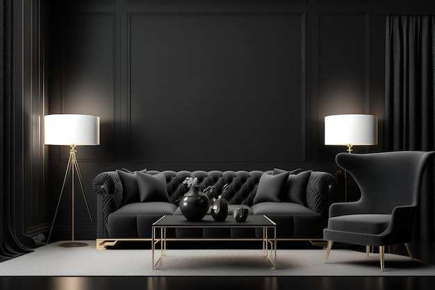 A living room with a black couch and two lamps on either side of the coffee table.