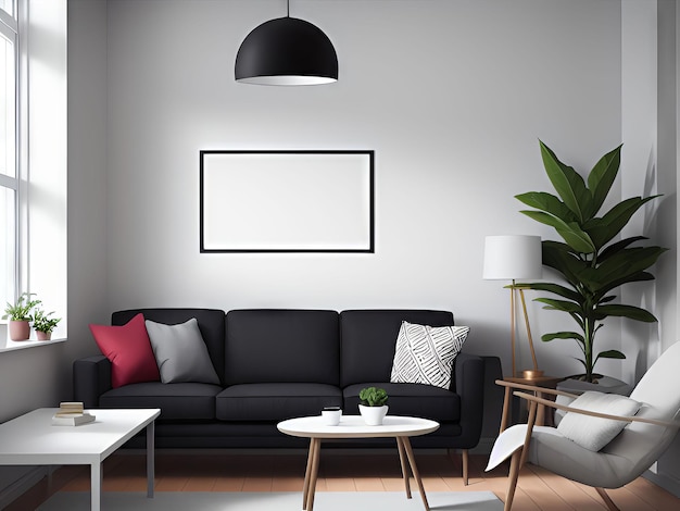 A living room with a black couch and a white framed picture on the wall.