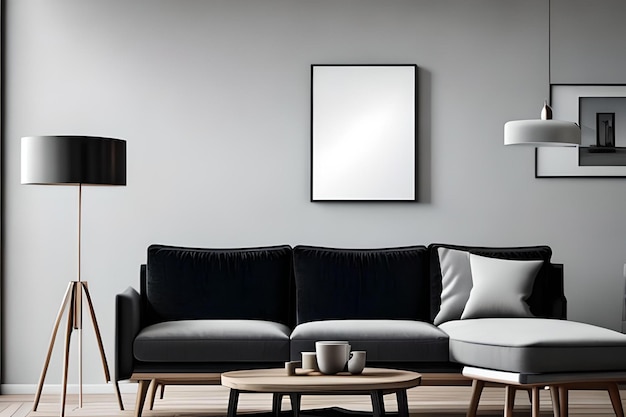 A living room with a black couch and a white lamp on the wall.