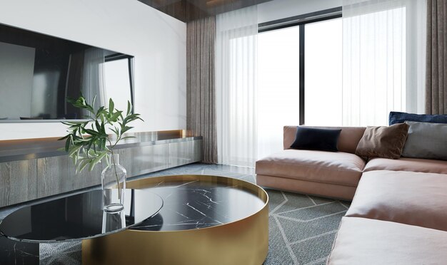 A living room with a black and gold coffee table and a large window.