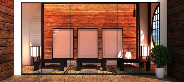  Living room with black low table, lamp, vase and decor Japanses style. 