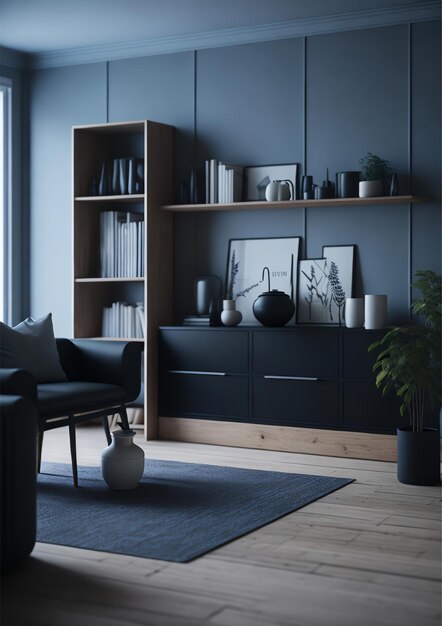 A living room with a black sofa and a black chair in front of a wall that has a plant on it.