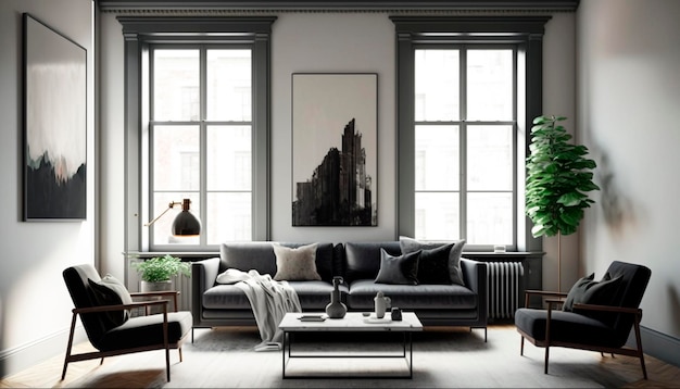 A living room with a black sofa and a large window with a plant on it.