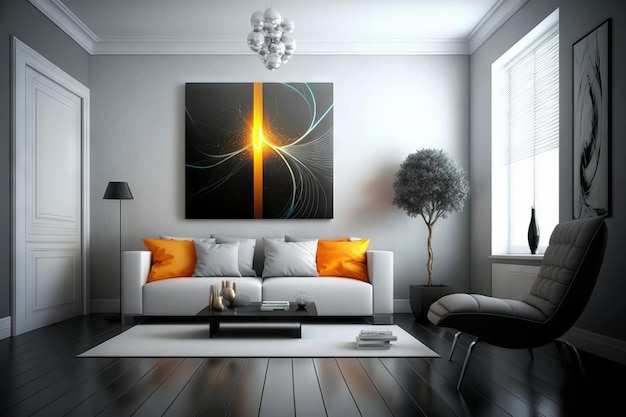 A living room with a black sofa and a painting of a star.