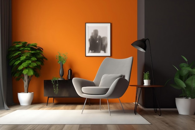 A living room with a black table and a chair in front of it