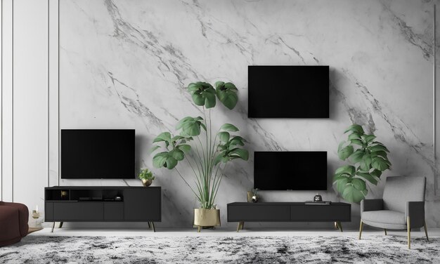 Photo a living room with a black tv set and a plant on the wall.