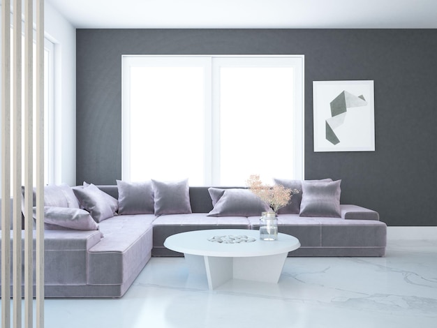 Living room with black wall big window pink l shape sofa and\
marble floor