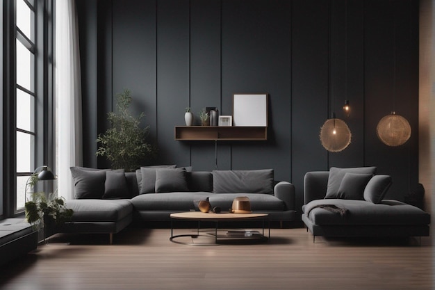 a living room with a black wall and a black couch with a book on the side.