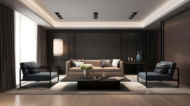 A living room with a black wall and a couch and a coffee table with a blue lamp on it.