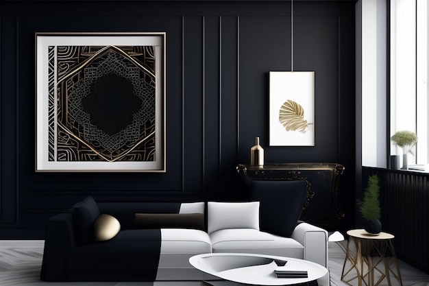 A living room with a black wall and a gold art piece on the wall.