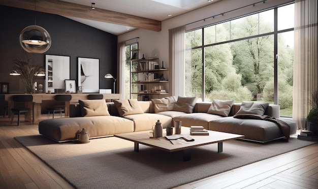 A living room with a black wall and a large couch with a coffee table in front of it.