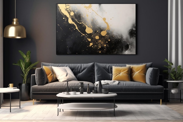 A living room with a black wall that has a painting of gold paint on it.