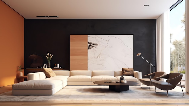 A living room with a black wall and a white couch and a coffee table with a white rug.