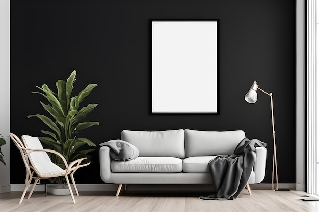 A living room with a black wall and a white poster mockup image