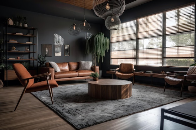 A living room with a black wall and a wooden coffee table with a wooden coffee table.