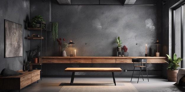 A living room with a black wall and a wooden table with a lamp on it.