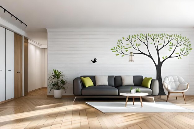 A living room with a black and white sofa and a tree painted on the wall