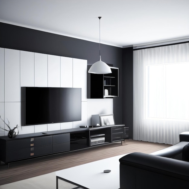 A living room with a black and white wall that has a large flat screen tv on it.