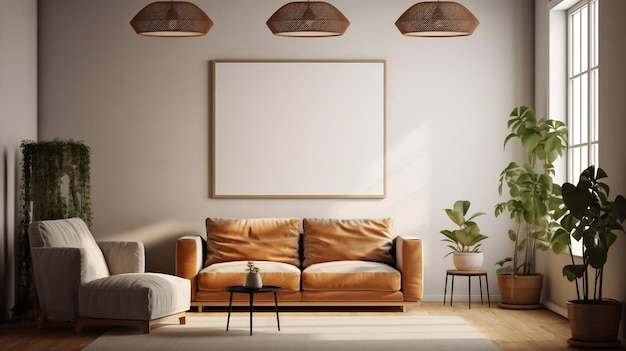 A living room with a blank canvas on the wall and a couch with a sofa and a lamp on it.