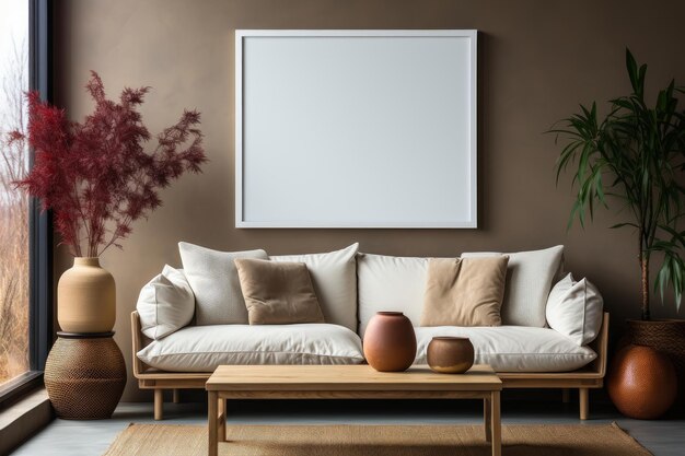 Living room with blank frame for a mockup