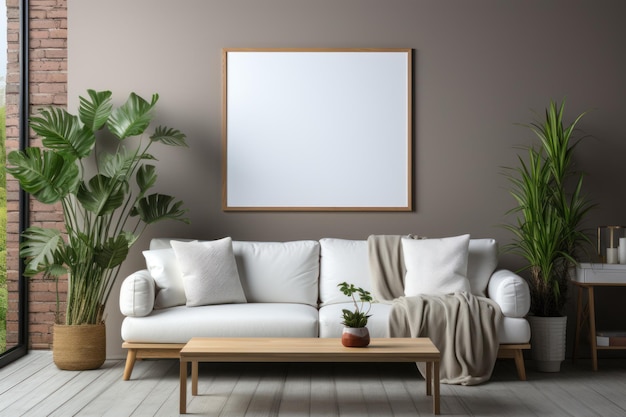 Living room with blank frame for a mockup