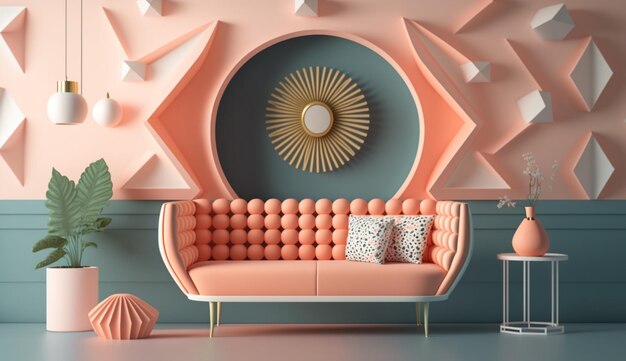 Living room with a blank pastel peach pink wall deco Generative Ai