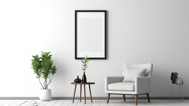 A living room with a blank picture frame on the wall.