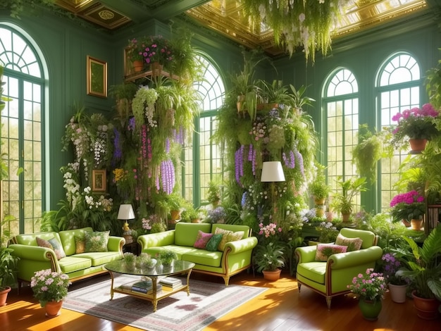 Living room with blooming flowers Generative AI