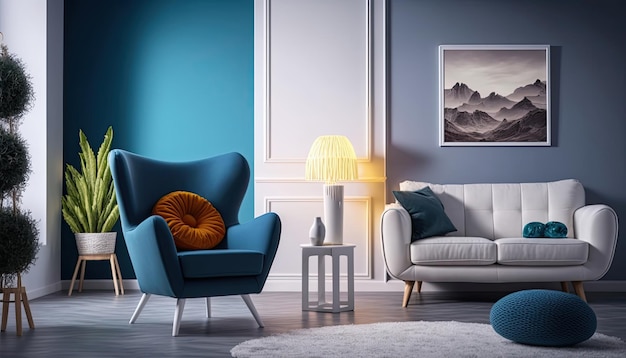 A living room with a blue chair and a lamp on the wall.